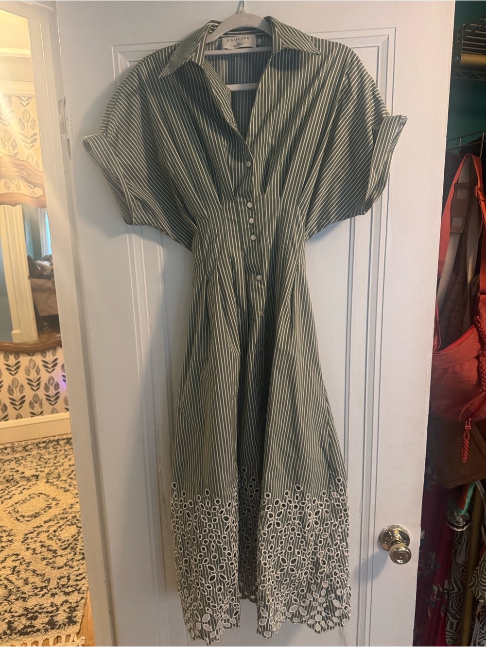 Anthropologie Olive Green Striped Button-Front Midi Dress with Eyelet Hem